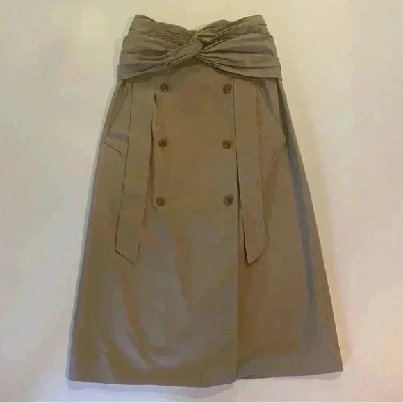 Rokh Midi Skirt 38 4 S Brown Beige Tan Twist Front Button Embellished Cotton - Picture 7 of 16